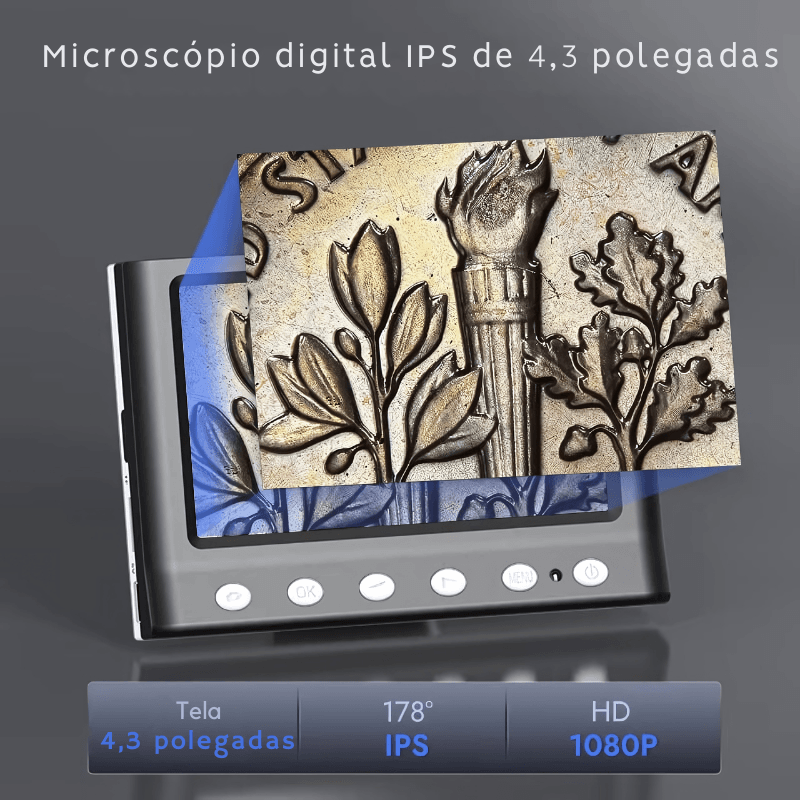 Microscópio Digital RIEVBCAU DM7 4.3'' – Ampliação de 1500X, 1080p com 8 LEDs para Solda e Inspeção de Moedas