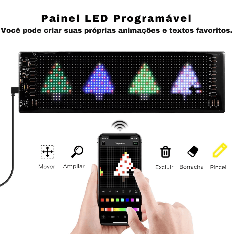 Letreiro LED Rolante para Carro - Controle via App Bluetooth e Personalização de Texto e Animações!