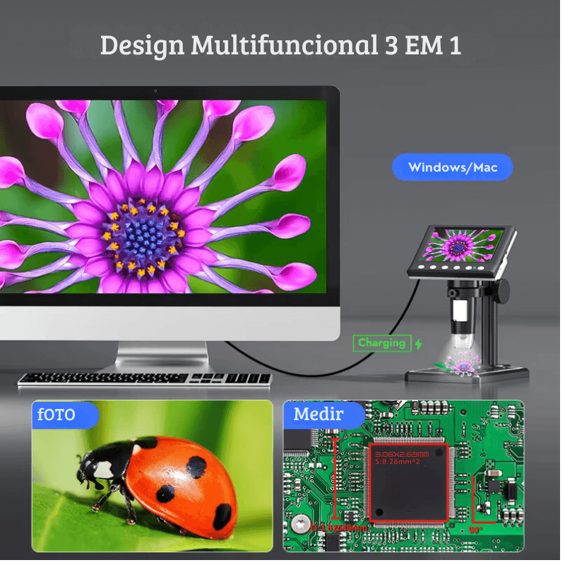 Microscópio Digital RIEVBCAU DM7 4.3'' – Ampliação de 1500X, 1080p com 8 LEDs para Solda e Inspeção de Moedas