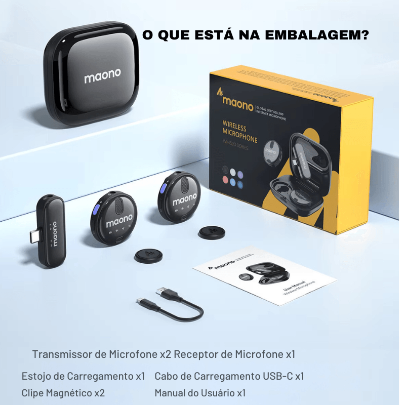 MAONO - Microfone Lavalier Sem Fio: Redução de Ruído, Compatível com iPhone 15, Android e Ideal para TikTok, Streaming e Vlogs